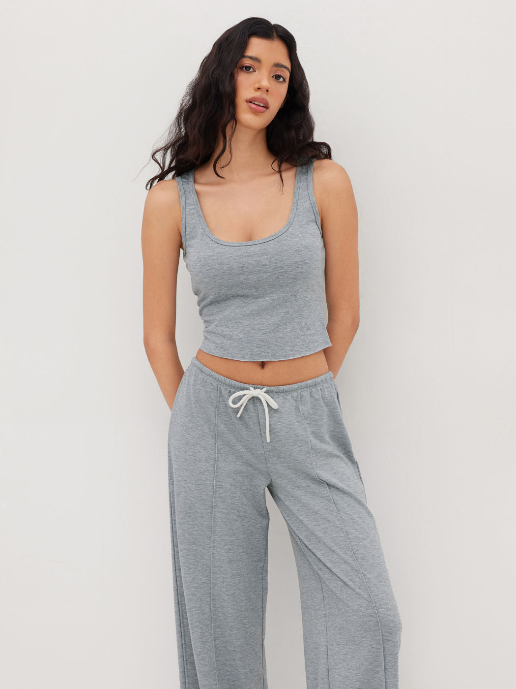 Terry U-neckline Tank Top & Low Rise Drawstring Wide Leg Sweatpants Set