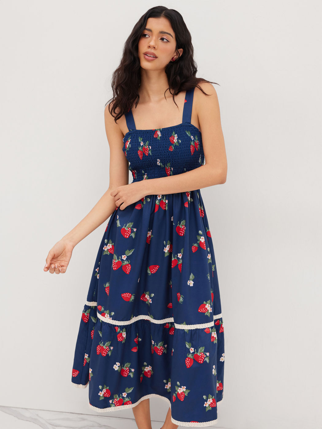 Square Neck Strawberry Shirred Tiered Maxi Dress