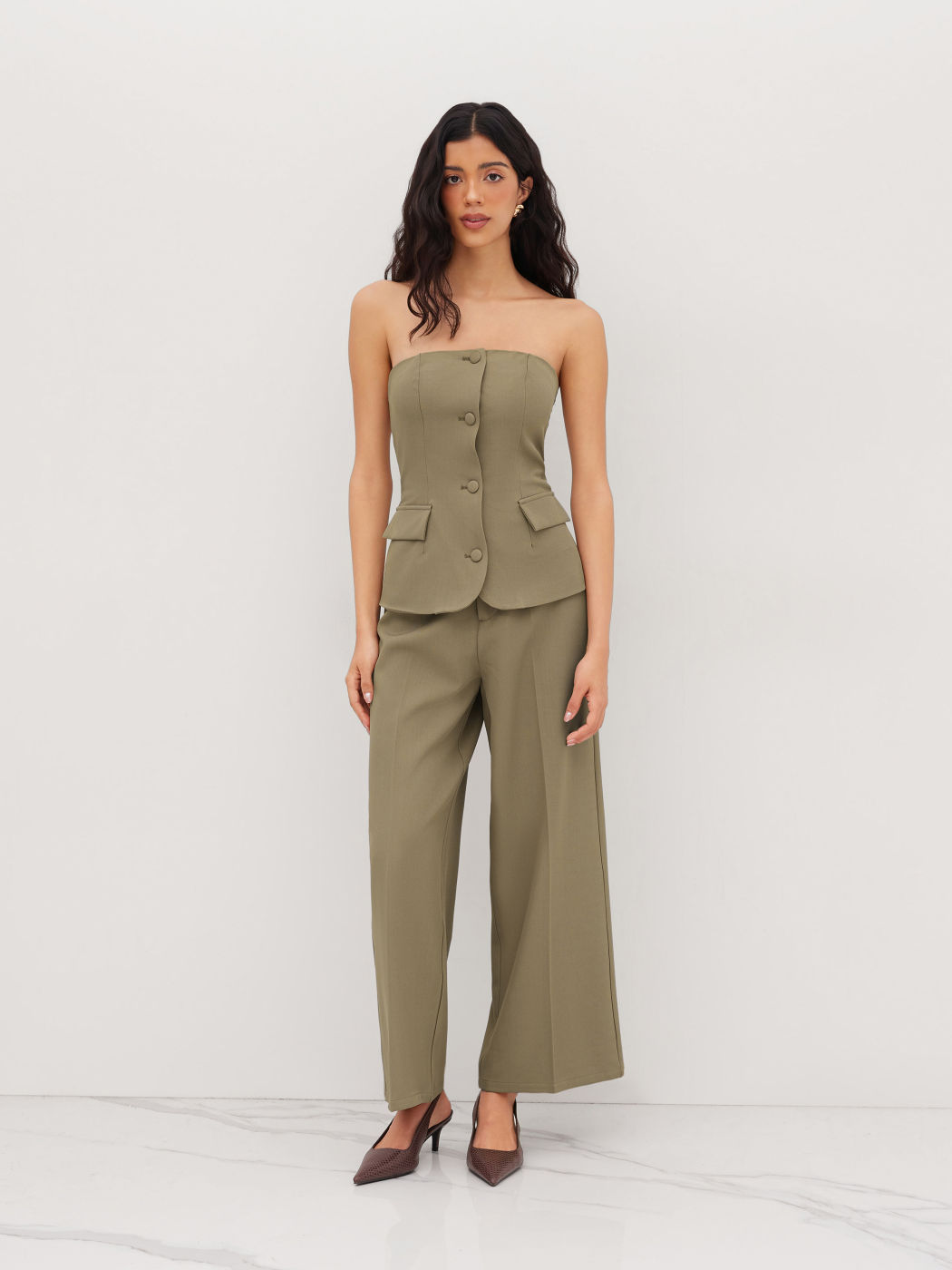 Strapless Button Wide Leg Jumpsuit