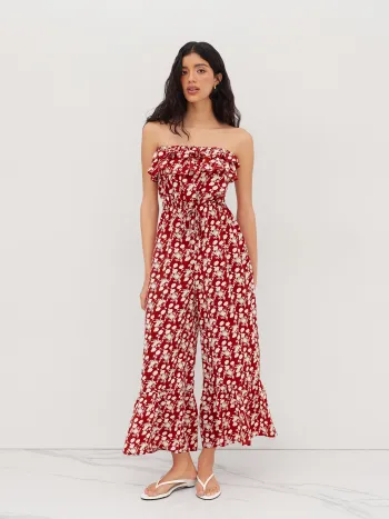 Bandeau Blumen-Raffelsaum Breitbeiniger Overalls