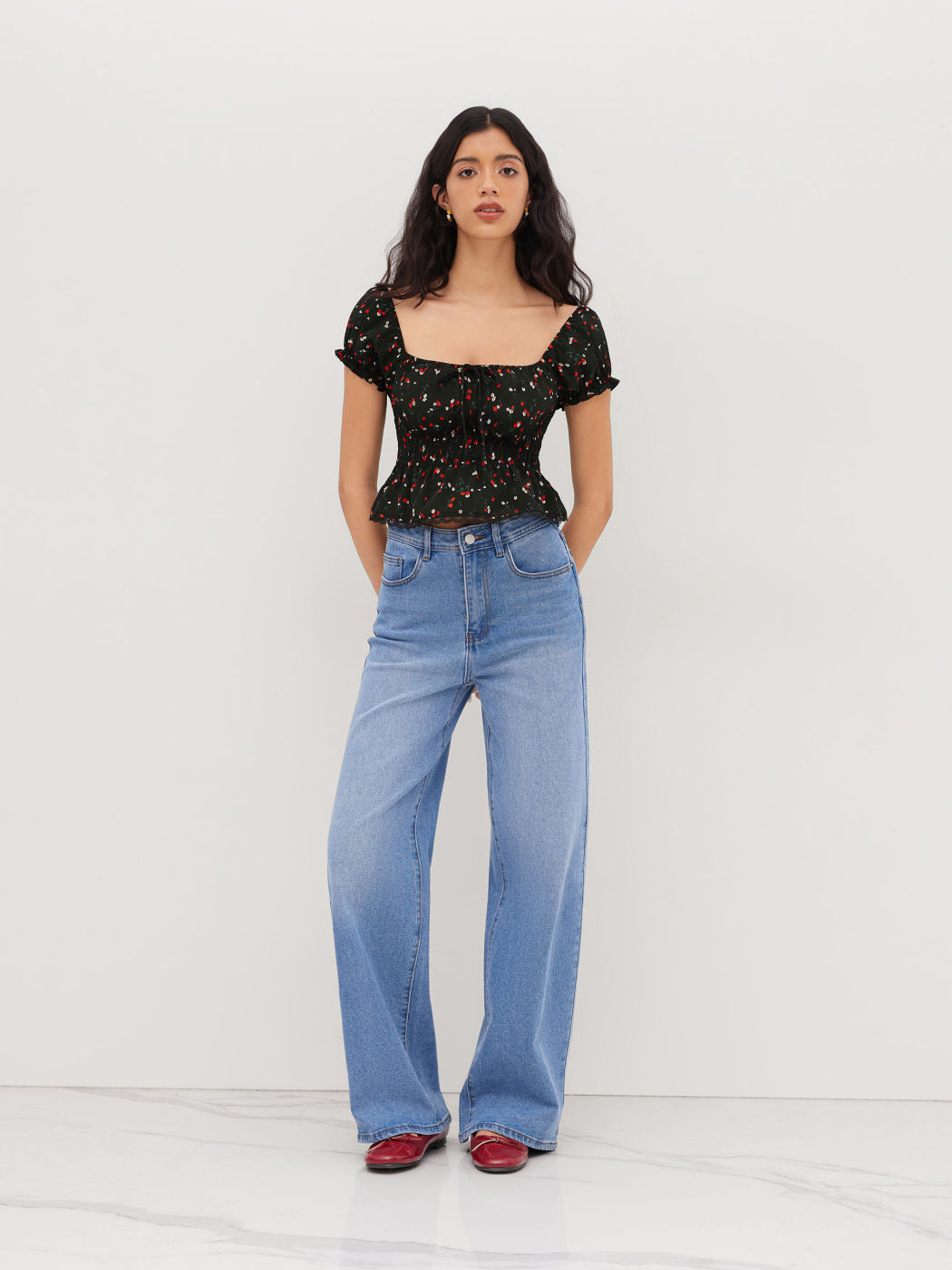 Square Neck Ditsy Floral Lettuce Trim Top