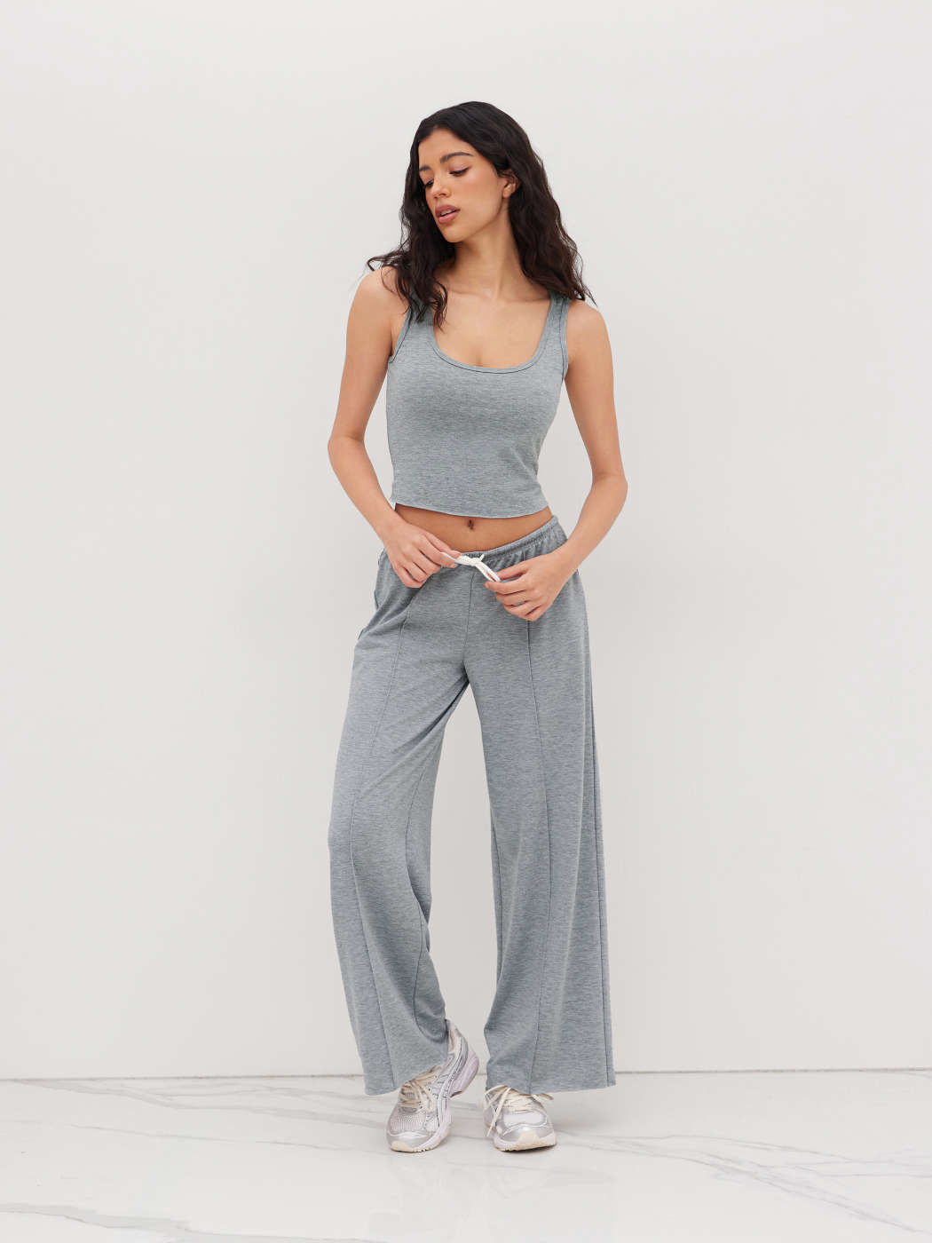 Terry Terry U-neckline Tank Top Low Rise Drawstring Wide Leg