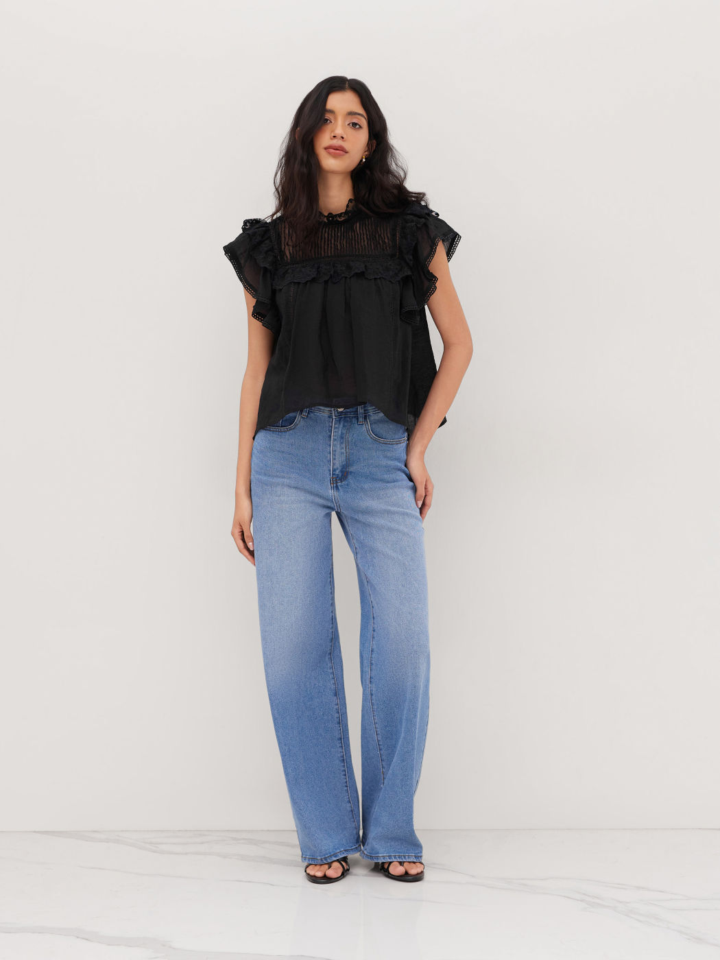 Stand Collar Lace Trim Ruffle Oversized Blouse