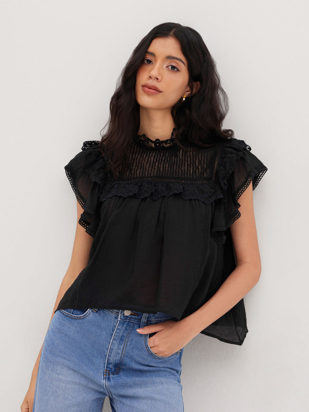 Stand Collar Lace Trim Ruffle Oversized Blouse