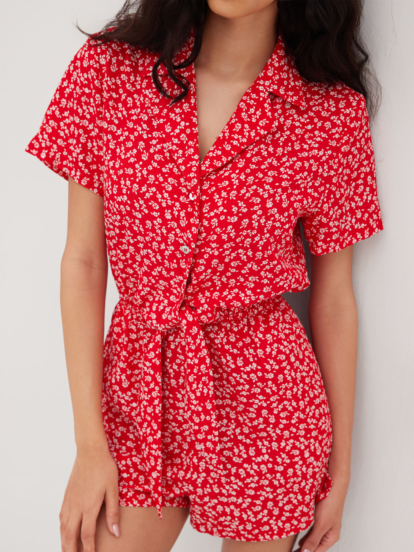 Polo Floral Button Elastic Waist Romper