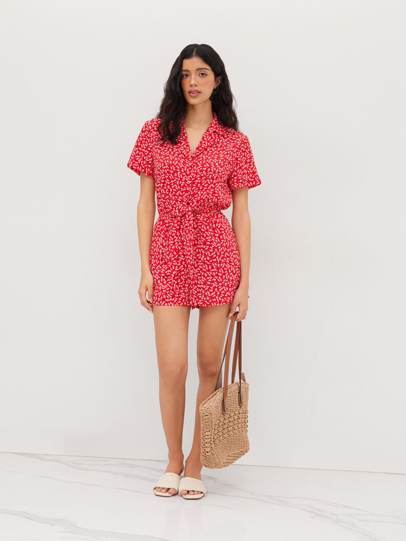 Polo Floral Button Elastic Waist Romper