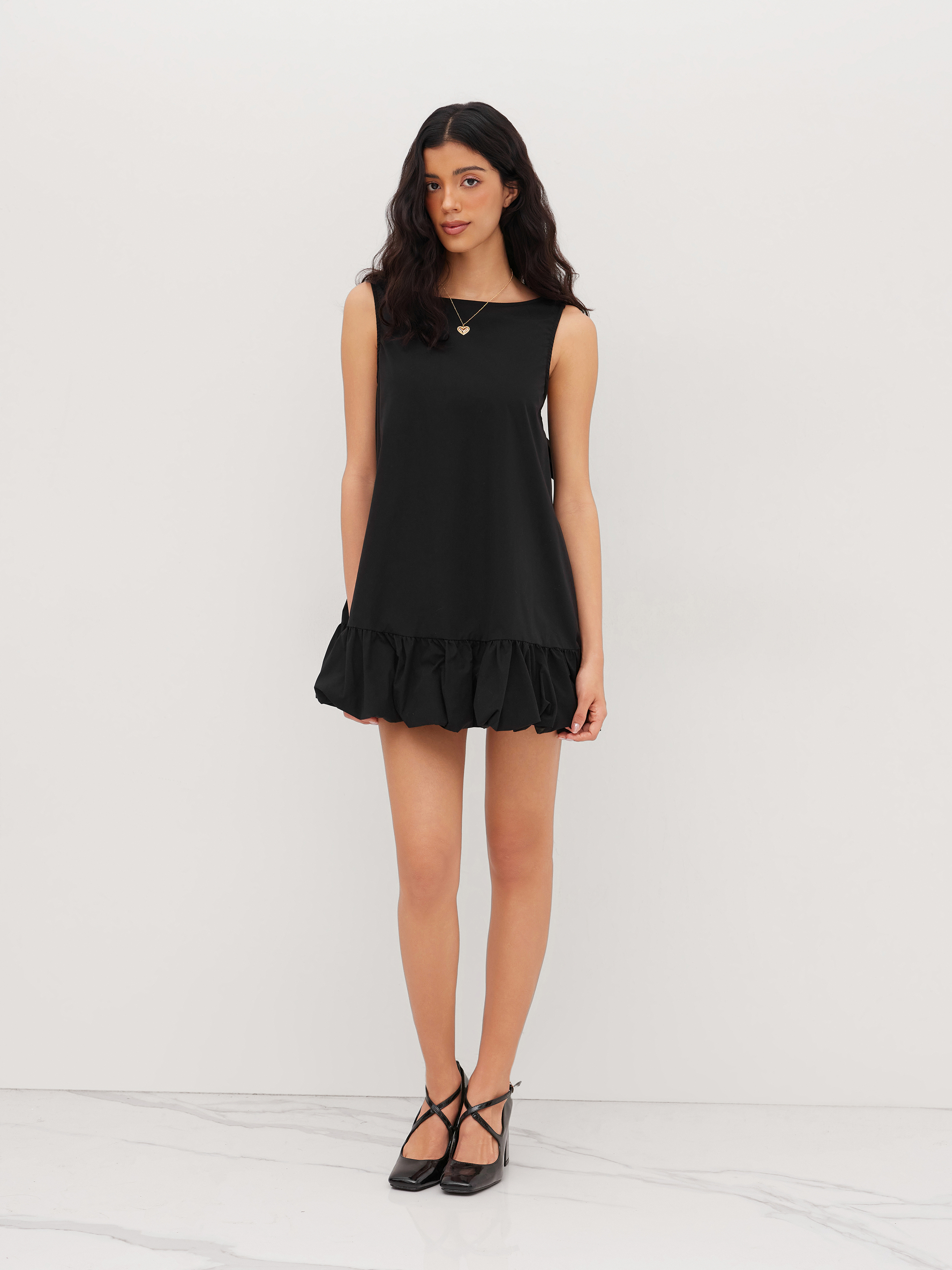 Boat Neck Backless Bowknot Ruffle Mini Dress