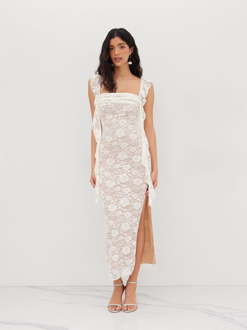 Lace Square Neck Floral Ruffle Hem Split Maxi Dress