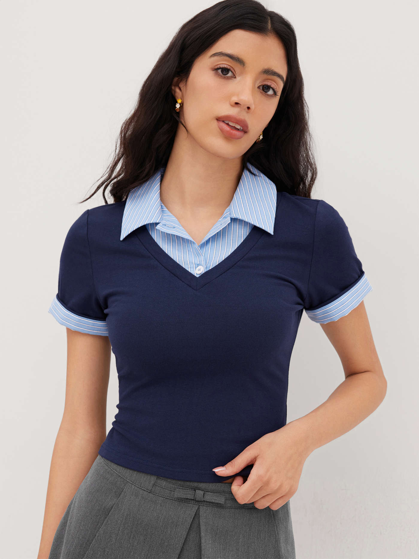 Cotton Collar Stripe Two Tone Short Sleeve Top