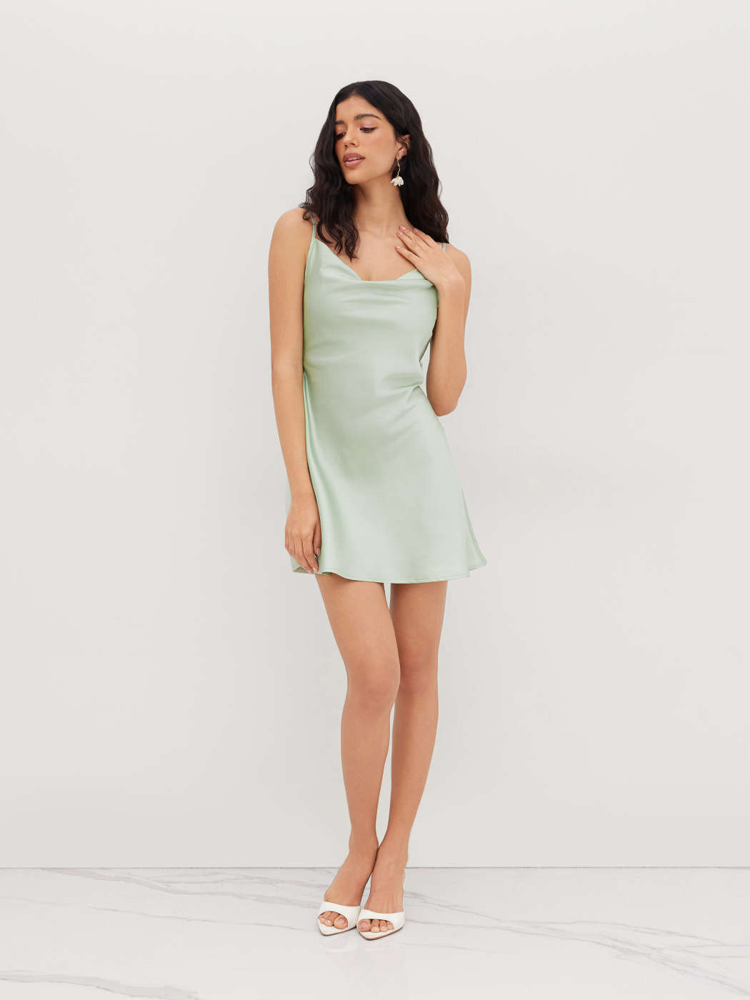 Satin Cowl Neck Backless Flower Mini Dress
