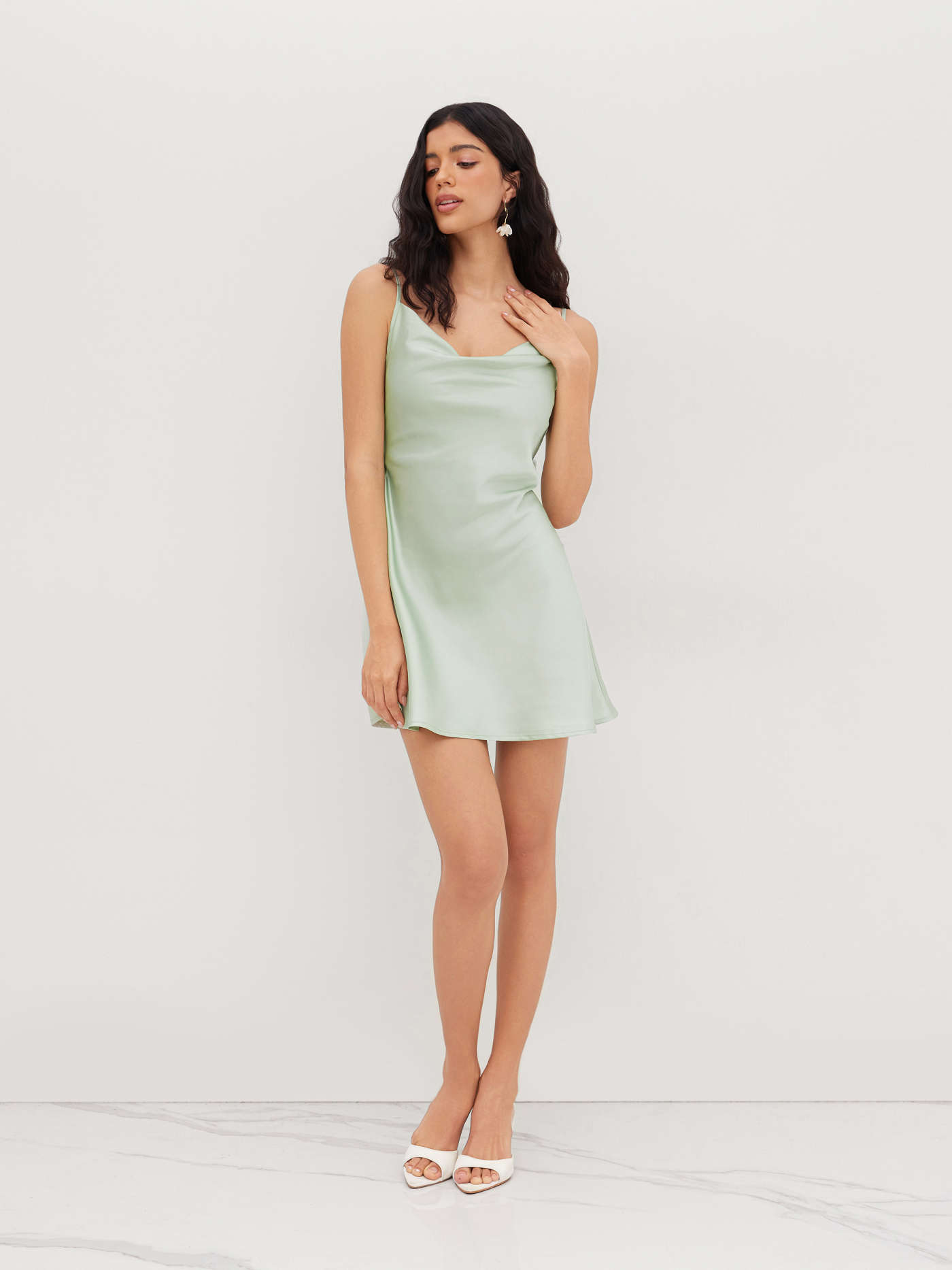 Satin Cowl Neck Backless Flower Mini Dress