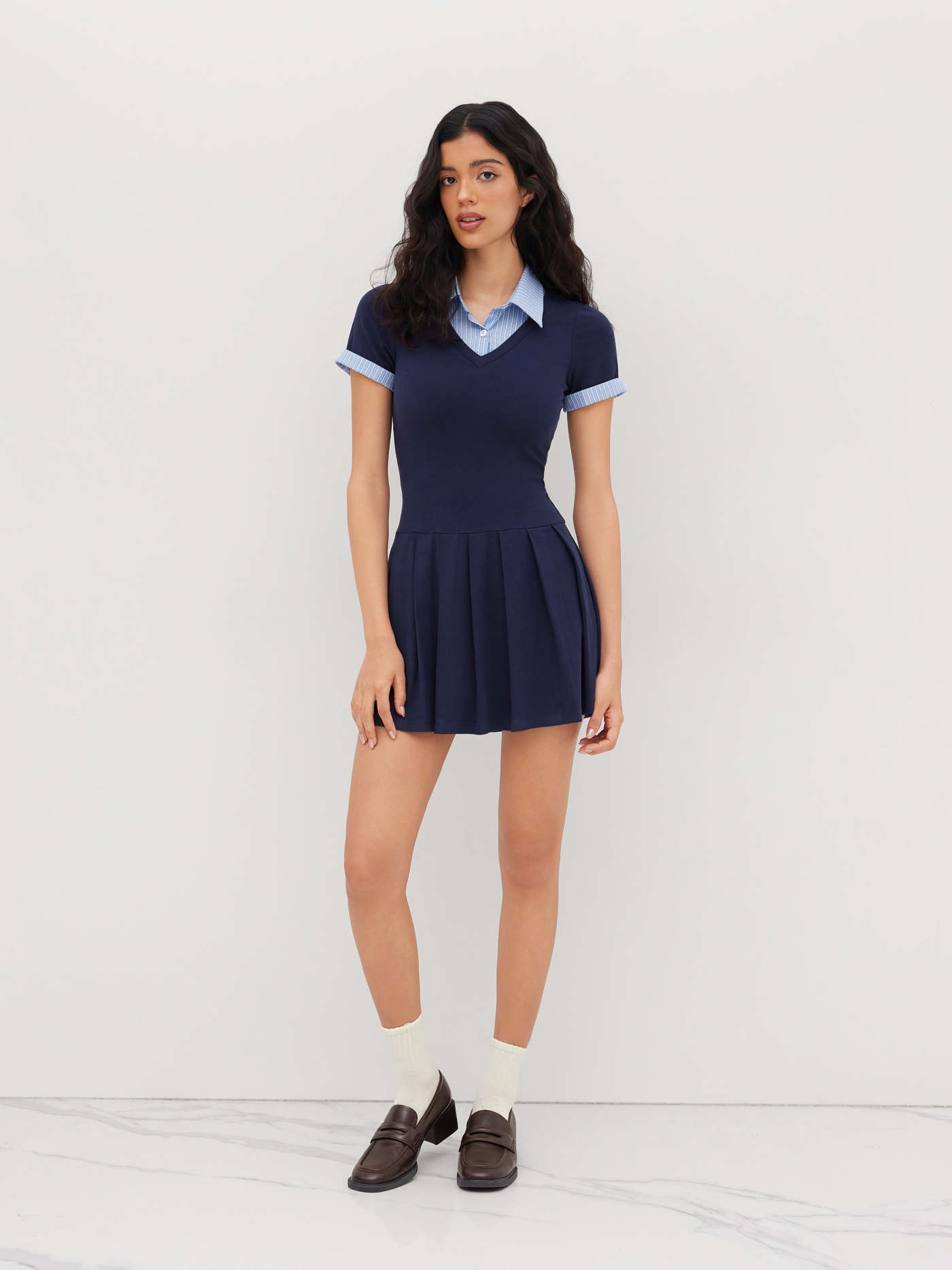 Cotton Collar Stripe Pleated Two Tone Mini Dress