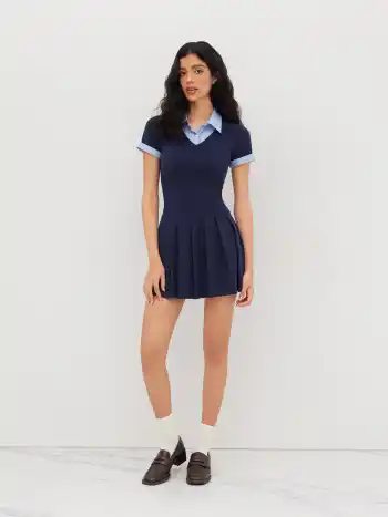 Cotton Collar Stripe Pleated Two Tone Mini Dress