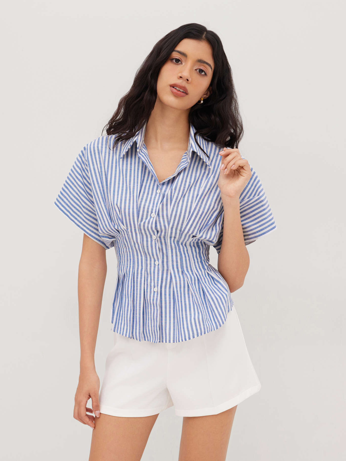 Cotton-blend Collar Stripe Pleated Cinched Waist Shirt