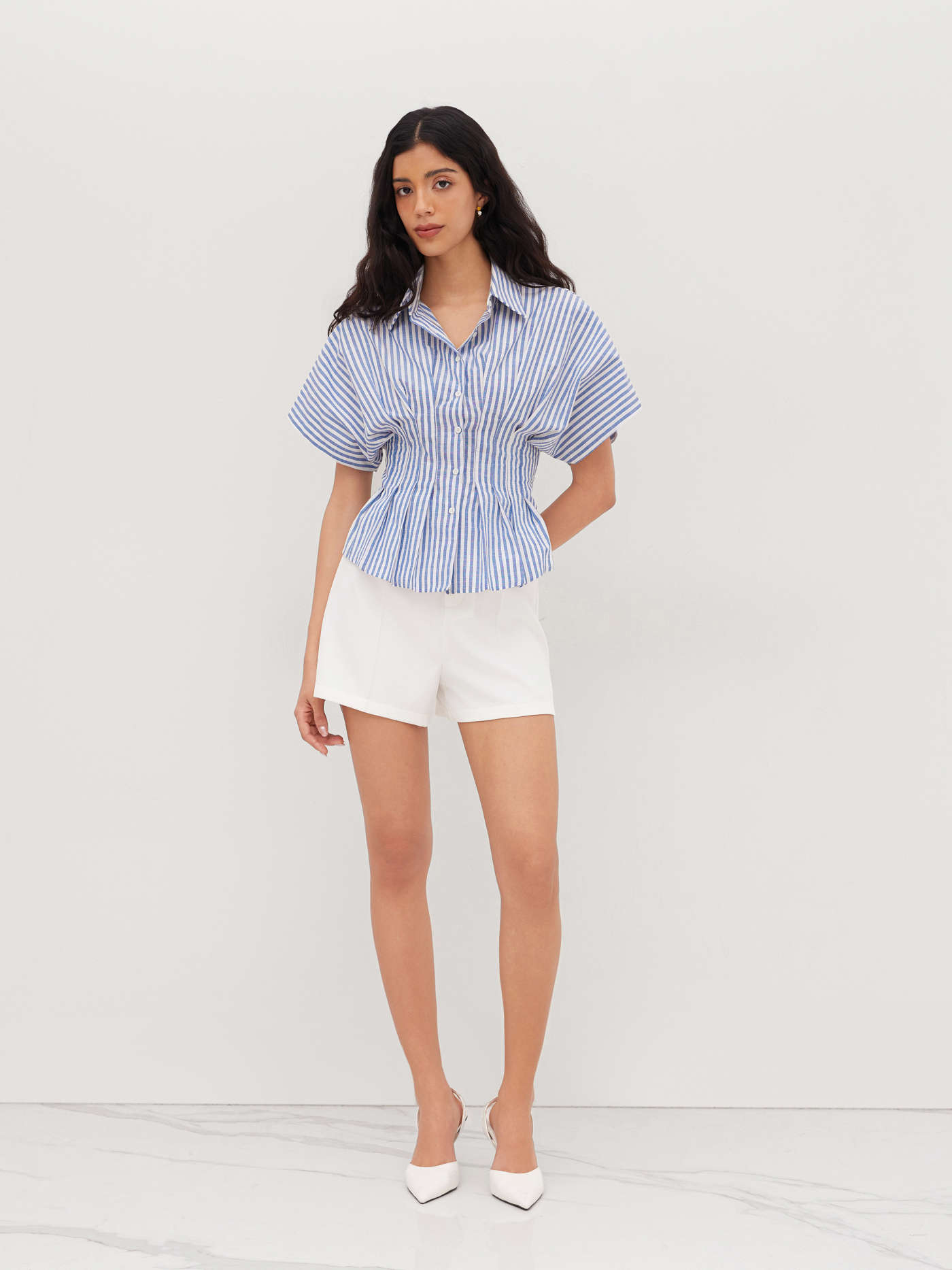 Cotton-blend Collar Stripe Pleated Cinched Waist Shirt
