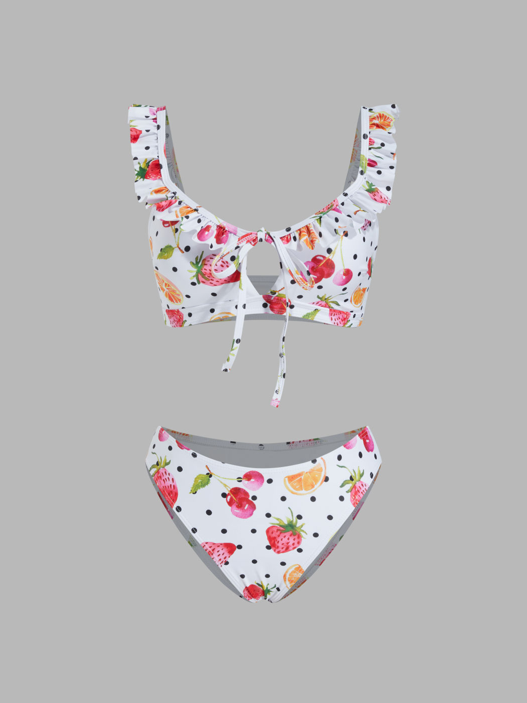 U-neckline Fruit Polka Dot Bowknot Lettuce Trim Bracelet Cheeky Bikini Set