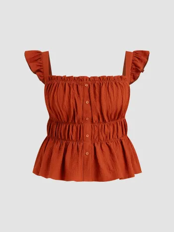 Square Neck Button Shirred Lettuce Trim Tank Top Curve & Plus