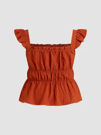 Square Neck Button Shirred Lettuce Trim Tank Top Curve & Plus