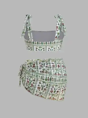 Vollbedeckendes Bikini-Swimset mit Sarong, quadratischer Halsausschnitt, floraler Musterung und geknotetem Armband Kurve & Plus