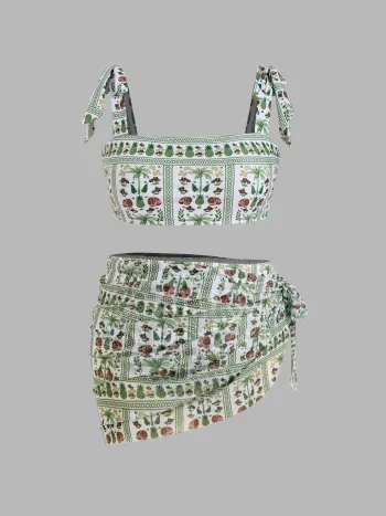 Vollbedeckendes Bikini-Swimset mit Sarong, quadratischer Halsausschnitt, floraler Musterung und geknotetem Armband Kurve & Plus