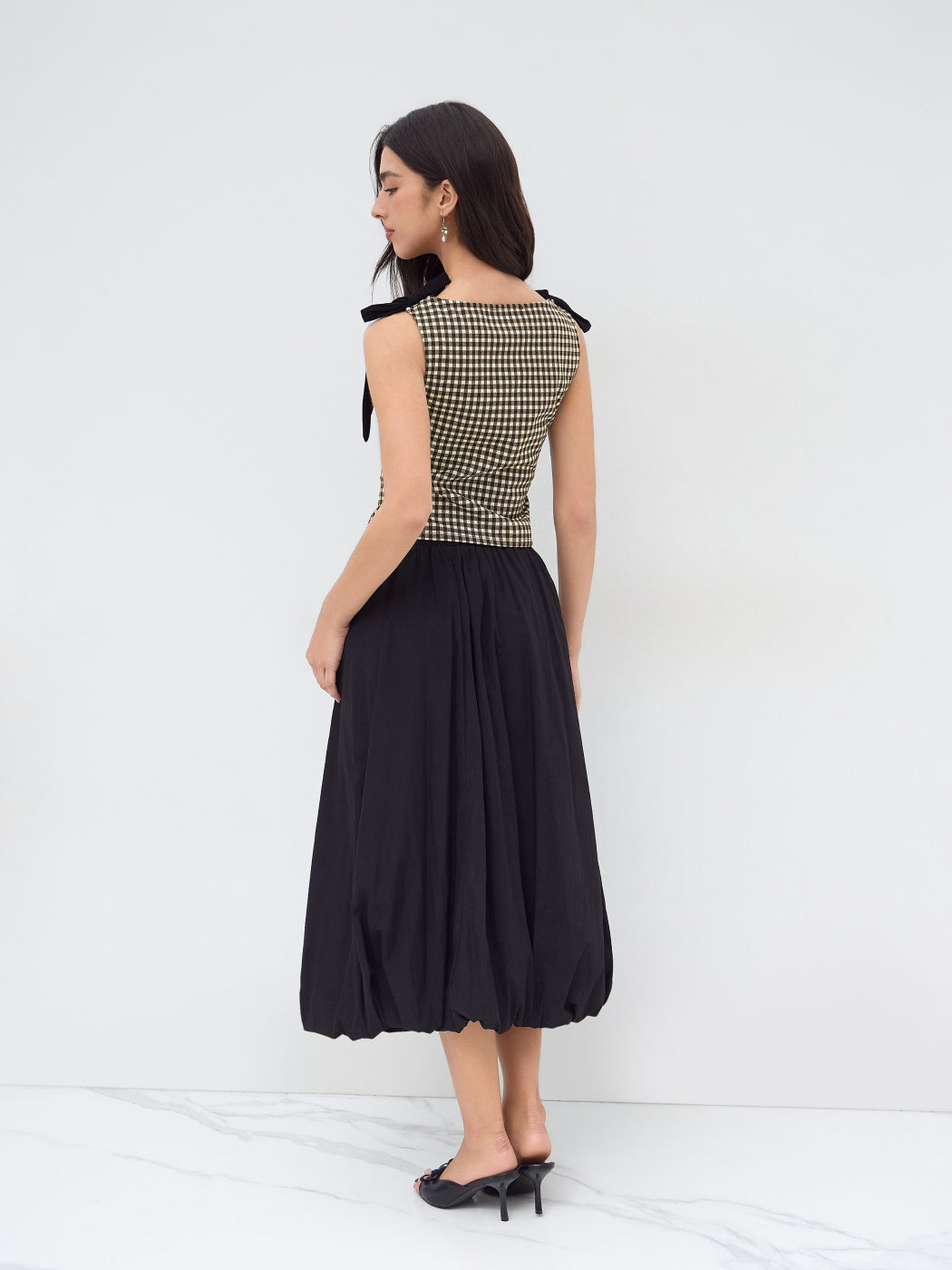 Jacquard Boat Neck Gingham Bowknot Tank Top