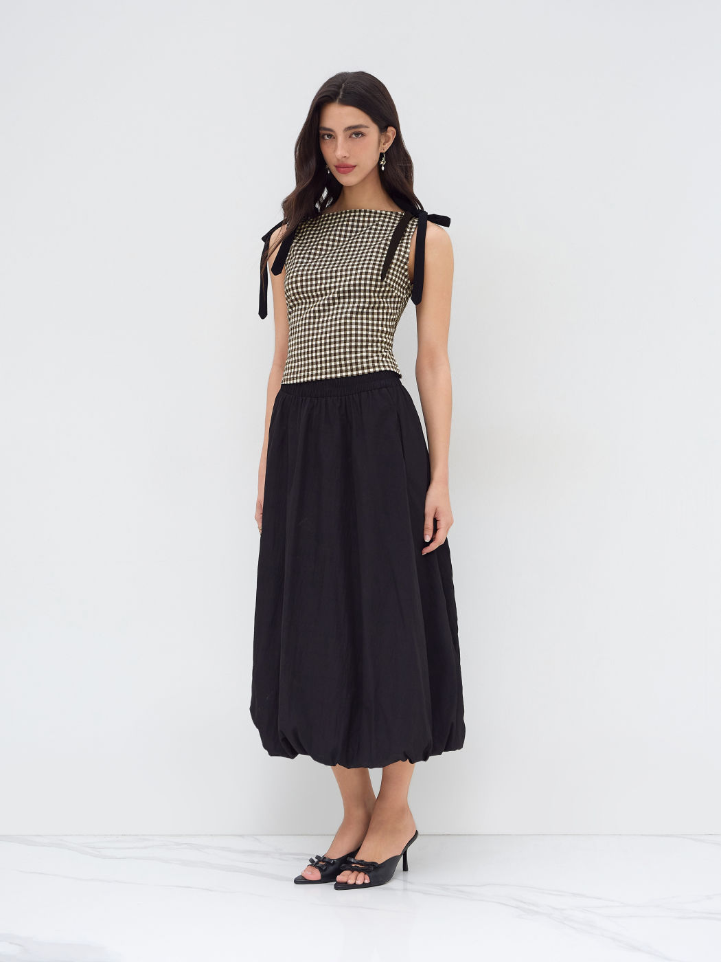 Jacquard Boat Neck Gingham Bowknot Tank Top