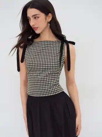 Jacquard Boat Neck Gingham Bowknot Tank Top