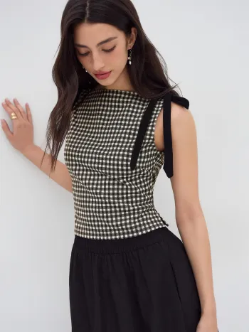Jacquard-Tank-Top mit Bootshals, Gingham-Muster und Schleife