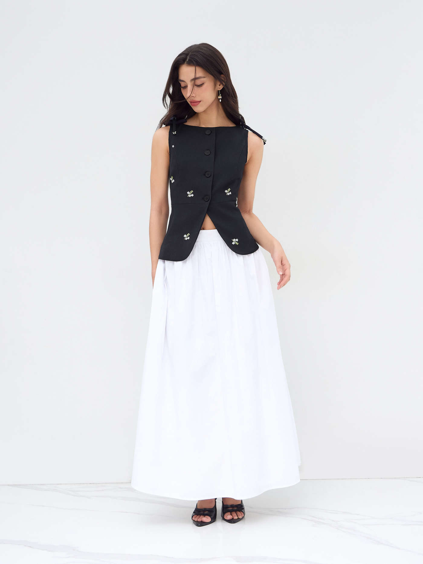 Woven Floral Embroidery Bowknot Blazer Vest For Work