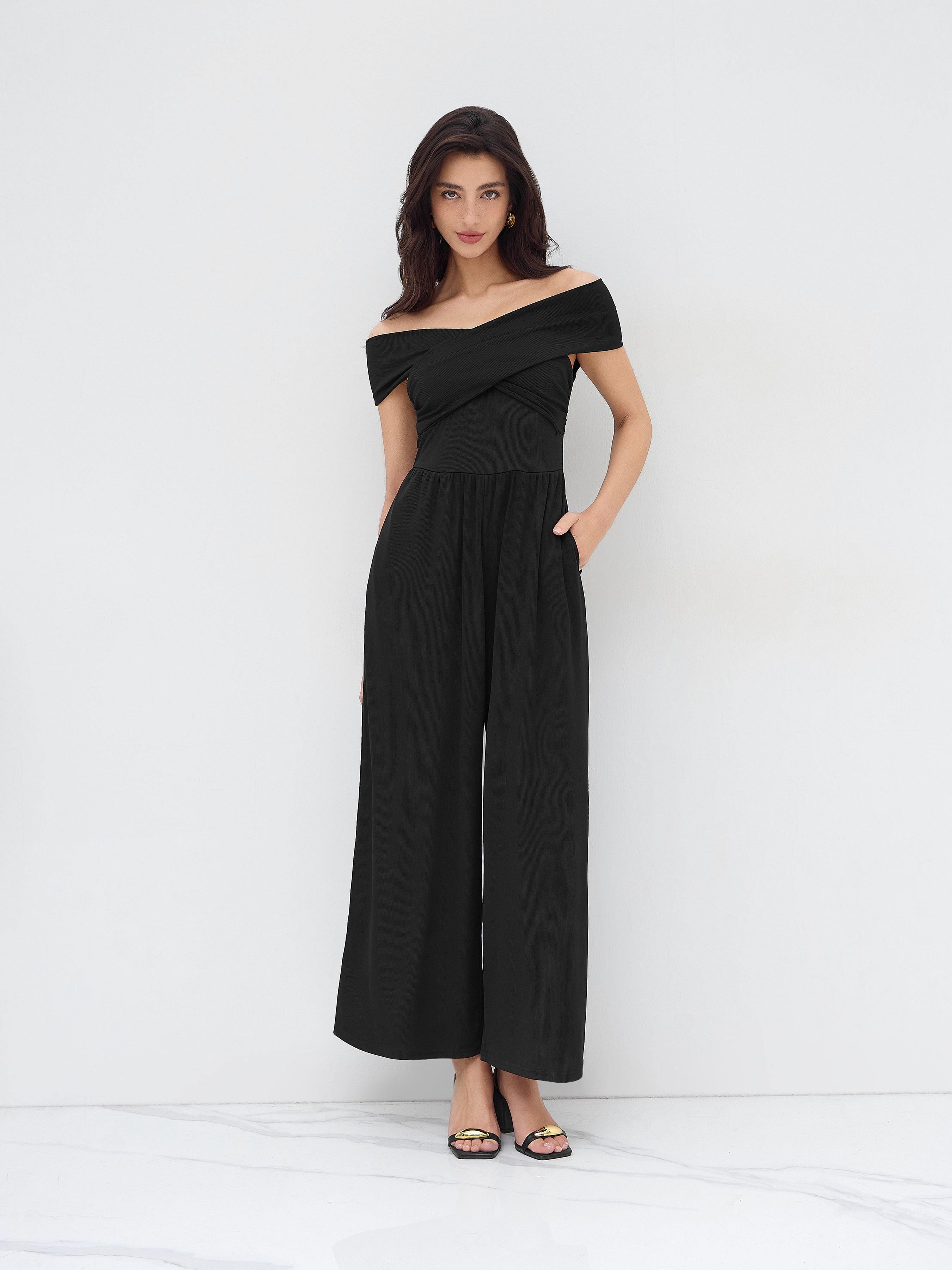 Tricot Off-shoulder Criss Cross Jumpsuit For Décontracté quotidien Congés