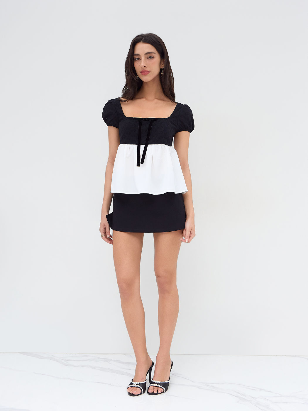 Cotton Bowknot Two Tone Broderie Anglaise Puff Sleeve Blouse