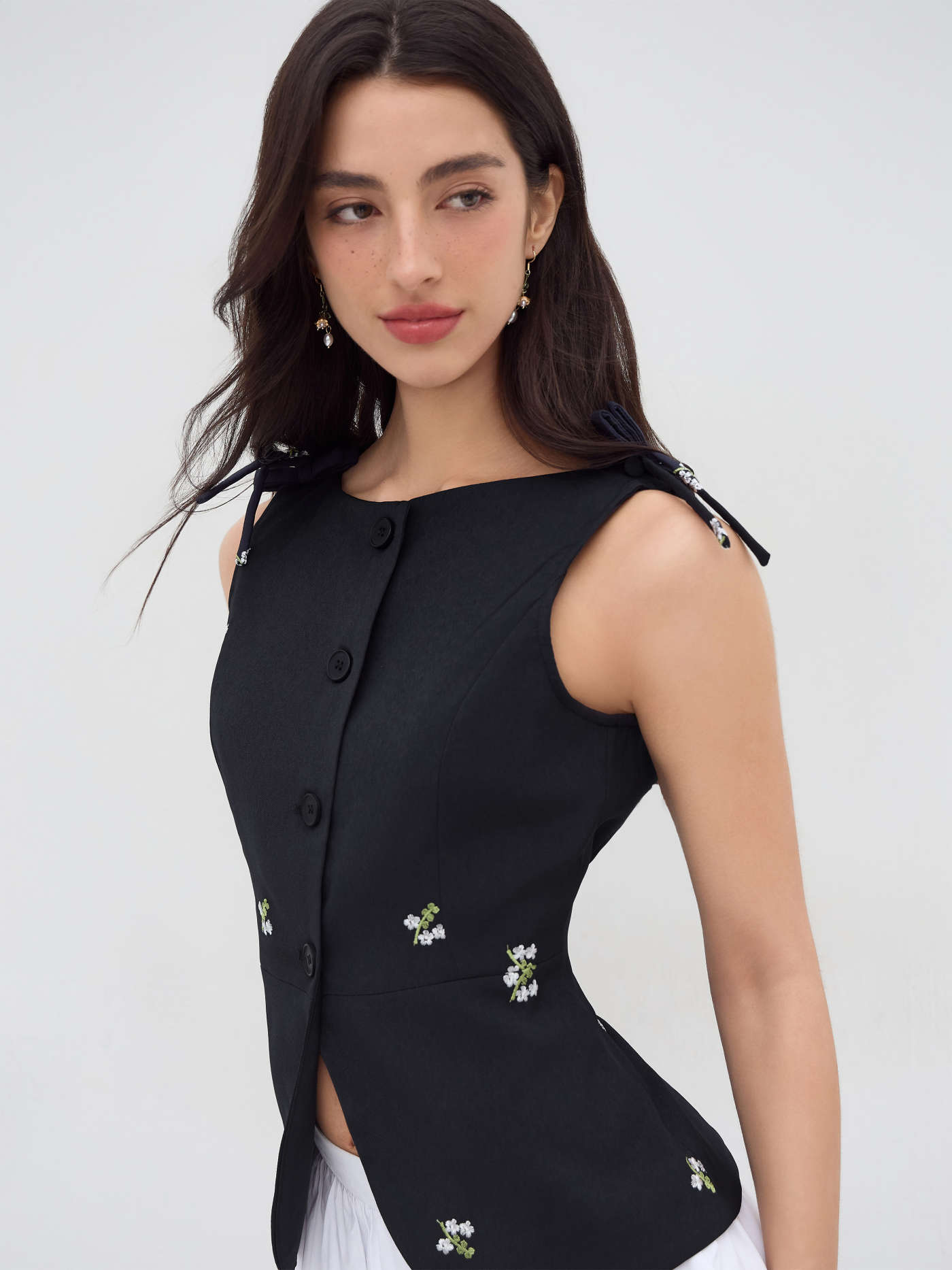 Woven Floral Embroidery Bowknot Blazer Vest For Work