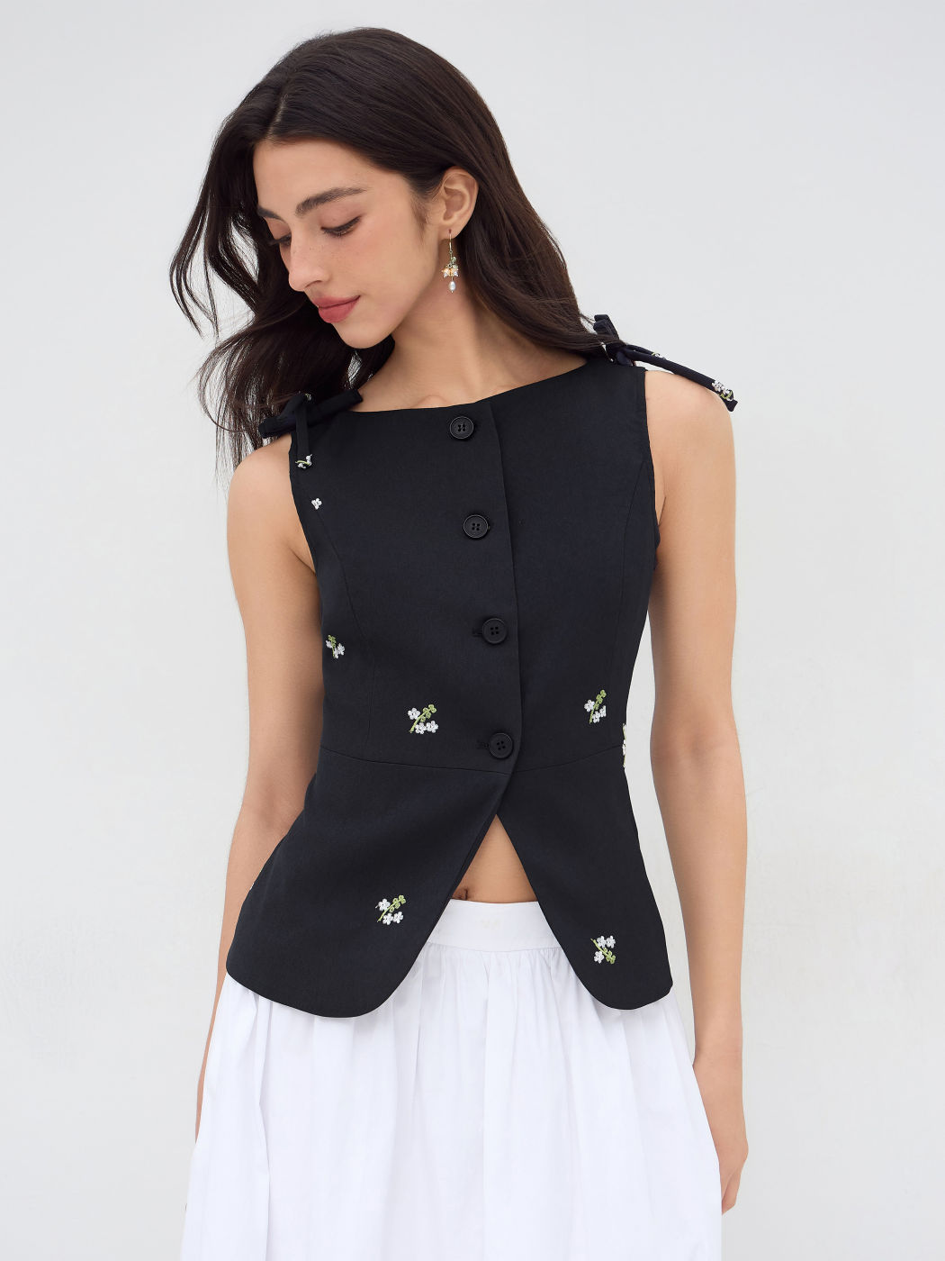 Floral Embroidery Bowknot Blazer Vest