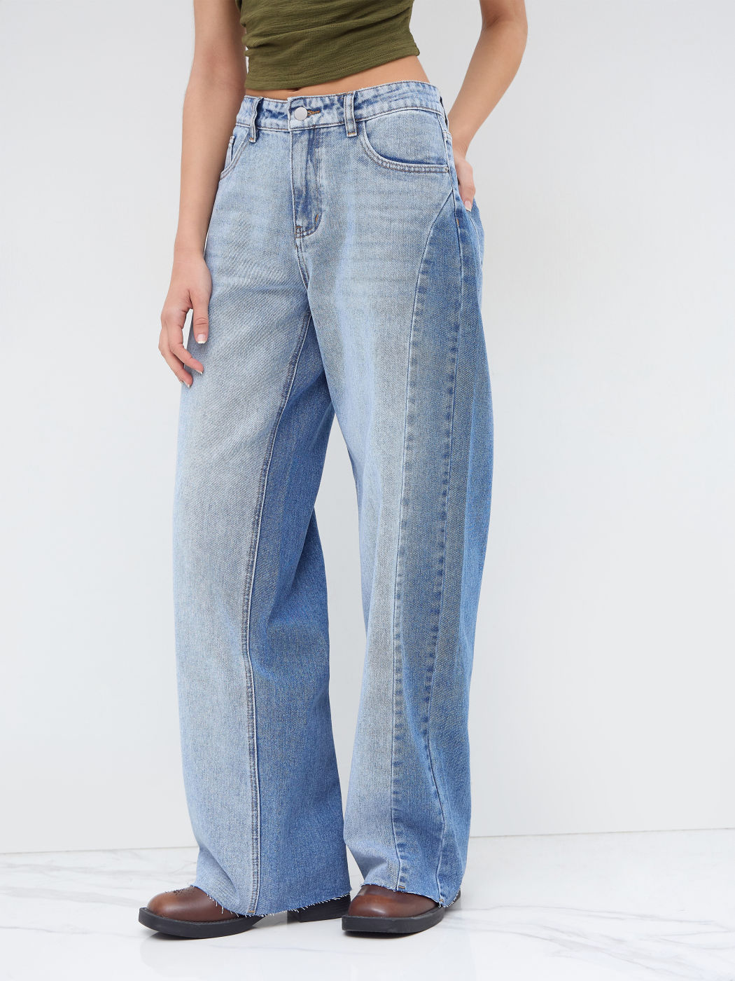 Cider Denim Low Rise Patchy Raw Hem Straight Leg Jeans