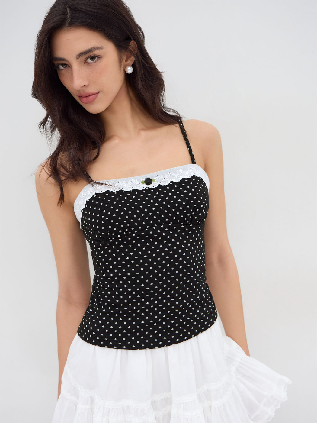 Cotton-blend Polka Dot Broderie Anglaise Trim Rose Cami Top