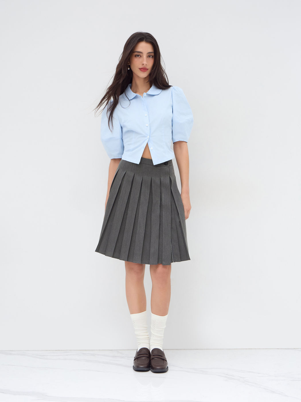 100% Cotton Collar Short Puff Sleeve Blouse