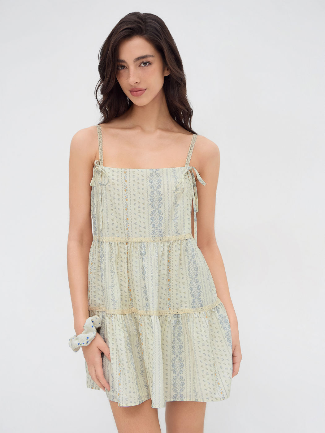 Cotton Floral Knotted Tiered Smock Mini Dress