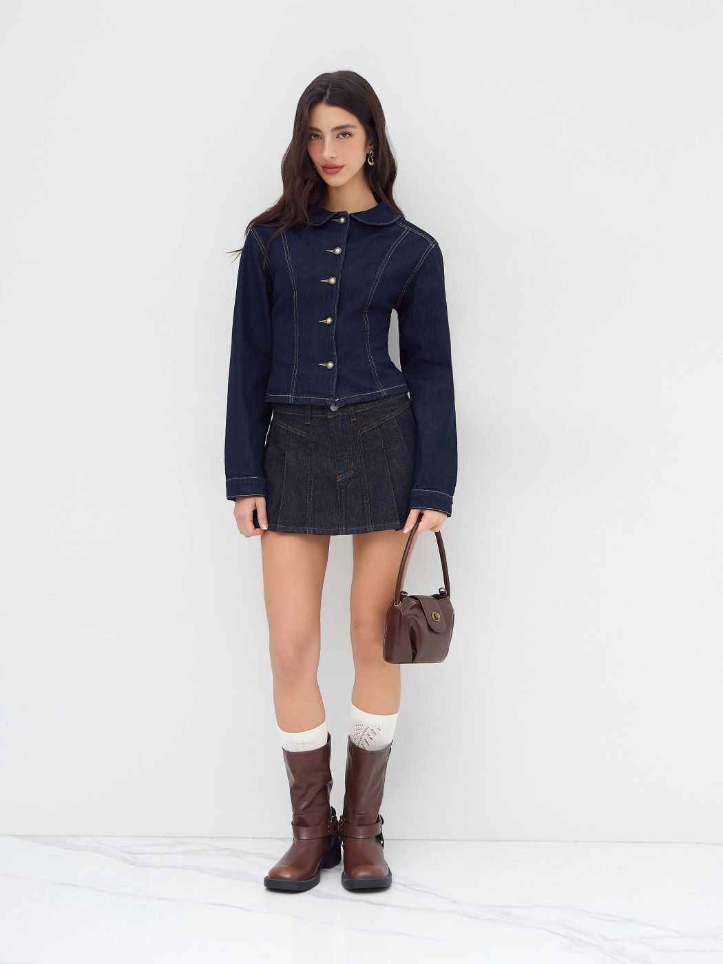Denim Collar Cinched Waist Jacket