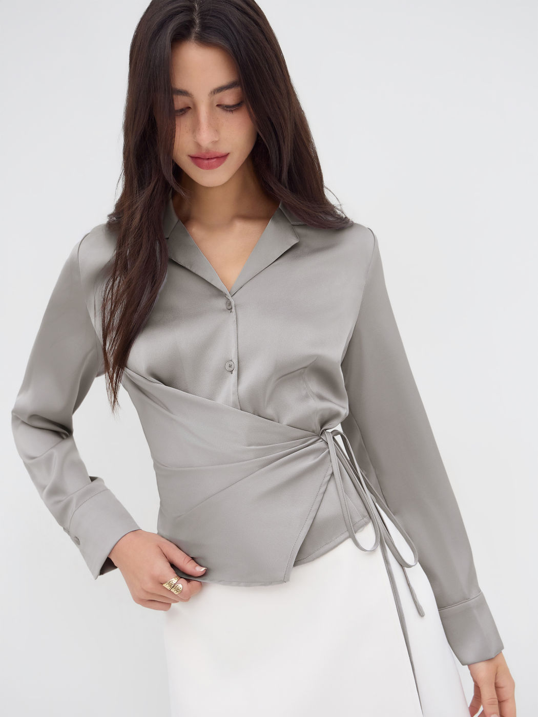 Notched Collar Ruched Knotted Shirt
