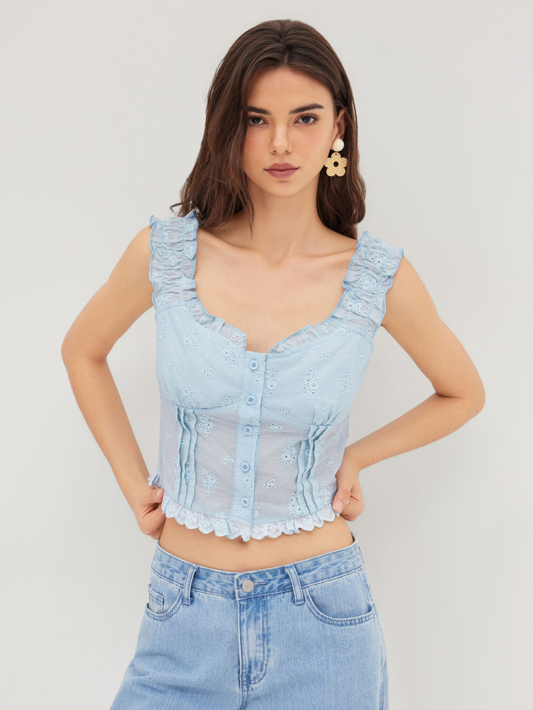 Baumwoll-V-Ausschnitt Broderie Anglaise Blumen-Kopfkanten Crop Tank Top
