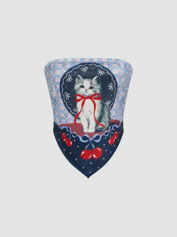 Satin Bowknot Kitty Cherry Graphic Bandeau Top