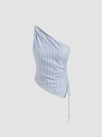 Cotton-blend Asymmetrical Neck Stripe Ruched Top