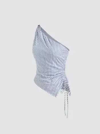 Cotton-blend Asymmetrical Neck Stripe Ruched Top