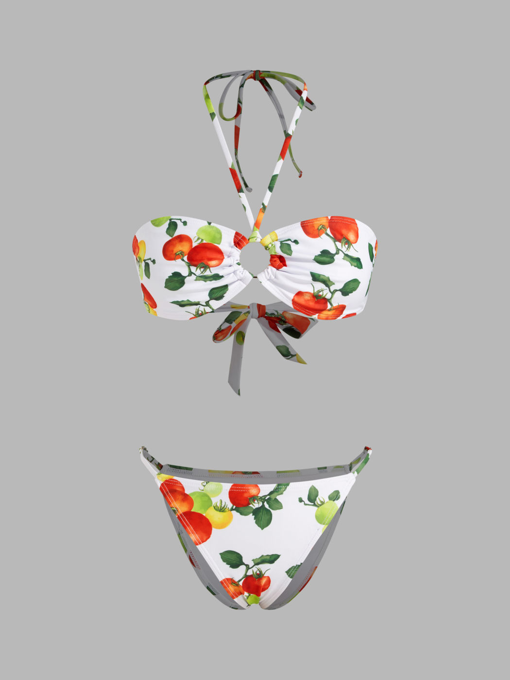 Multi-way Halter Neckline Tomato Knotted Bandeau Thong Bikini Set With Sarong