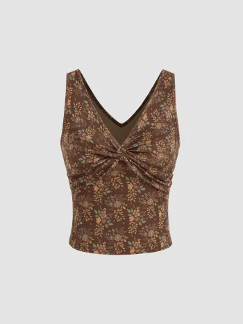 Jersey V-Ausschnitt Blumen-Twist Crop Top