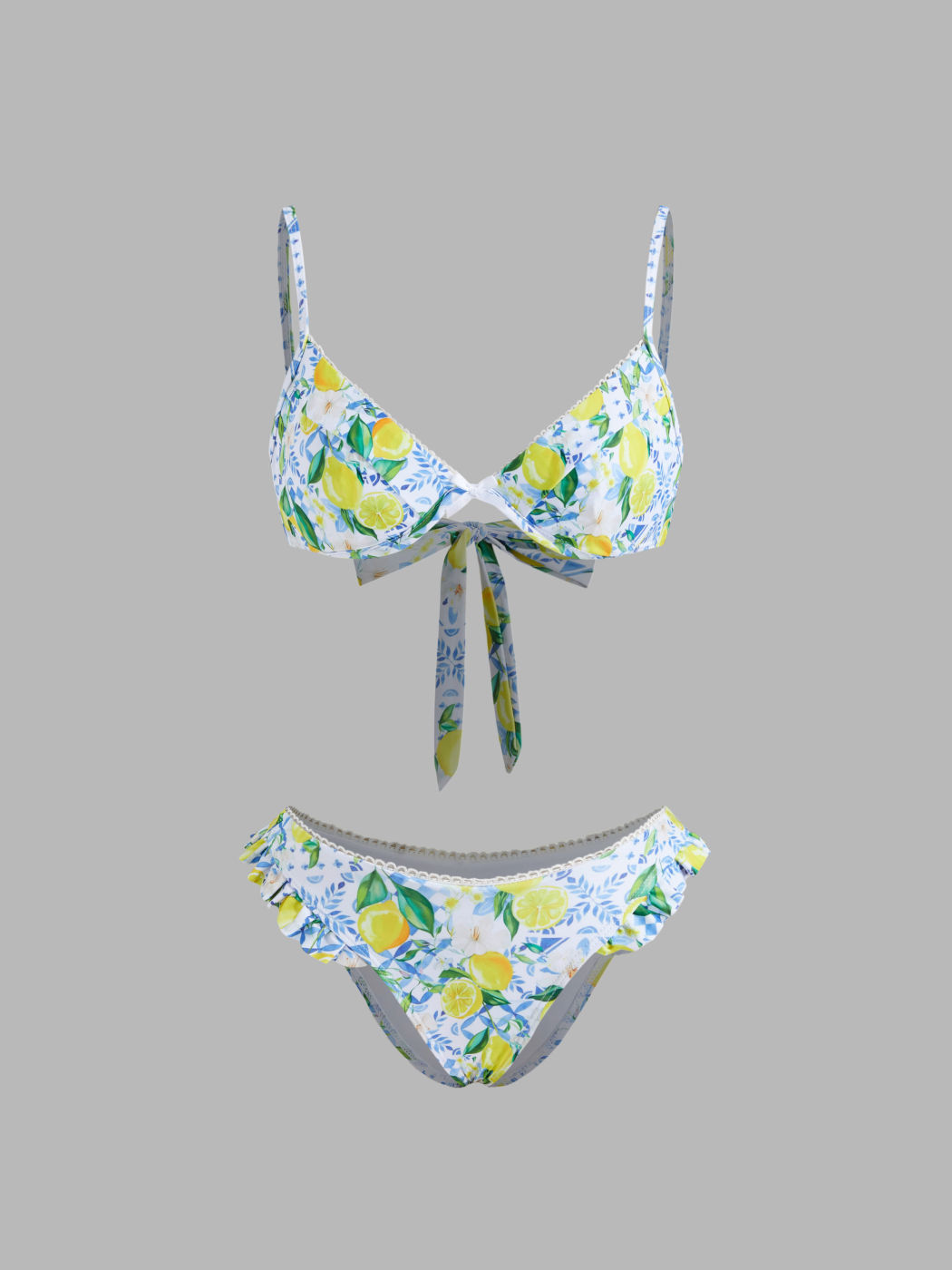 V-neck Lemon Bowknot Lettuce Trim Underwire Cheeky Bikini Set