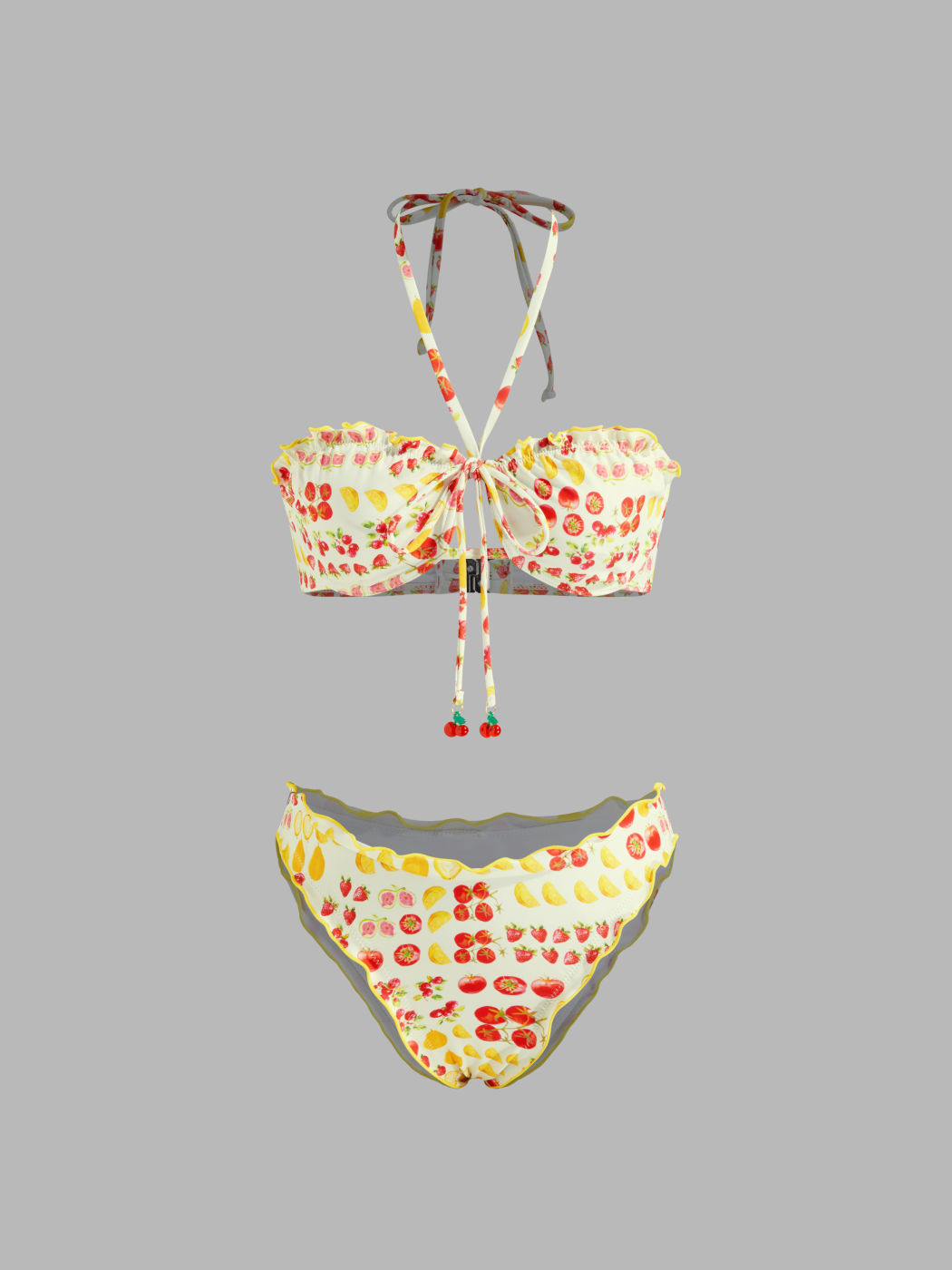 Halter Neckline Fruit & Vegetable Cherry Detail Lettuce Trim Underwire Cheeky Bikini Set