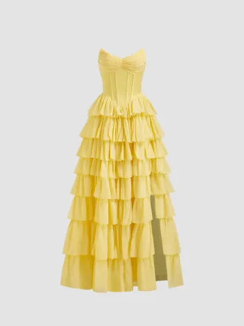 Chiffon Tube Corset Tiered Split Lace Up Gown Maxi Dress