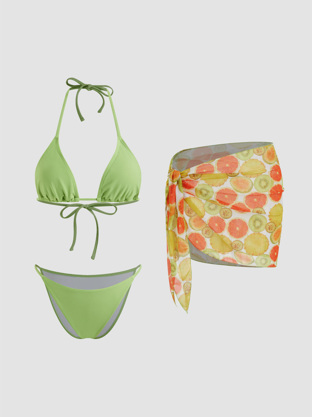 Halter Neckline Knotted Triangle Thong Bikini Set With Fruit Sarong