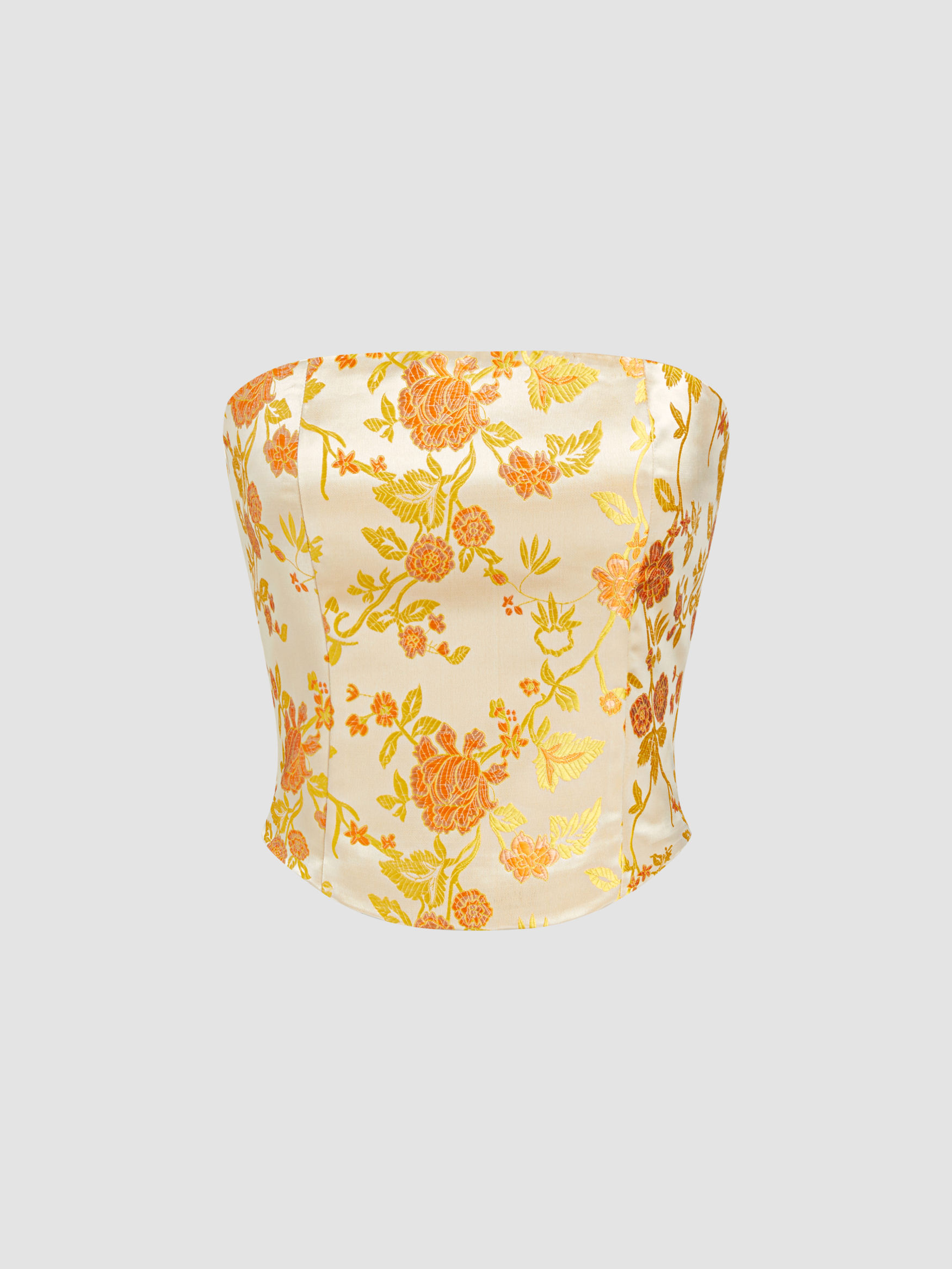 Satin Floral Shirred Curved Hem Bandeau Corset Top